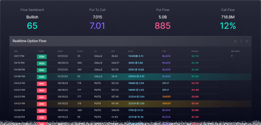 The trading platform's dashboard displaying real-time data, including an option flow indicator.